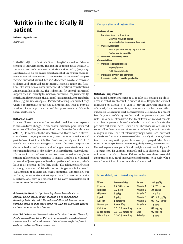 (PDF) Nutrition in the critically ill patient