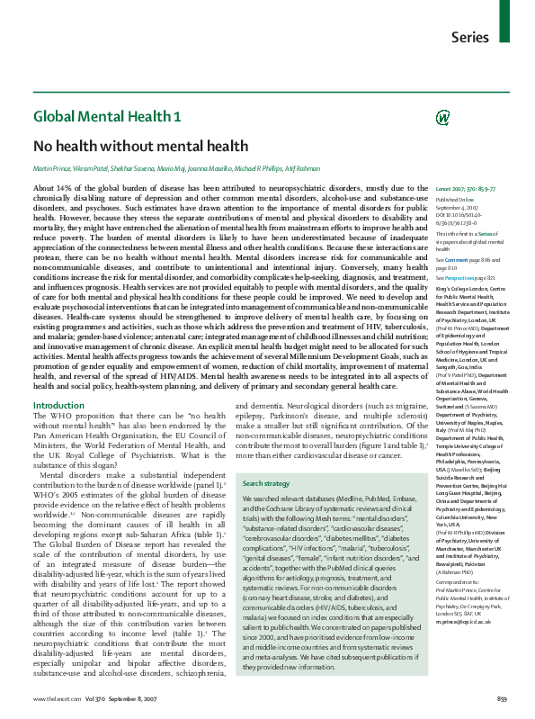 (PDF) Global Mental Health 1 No health without mental health