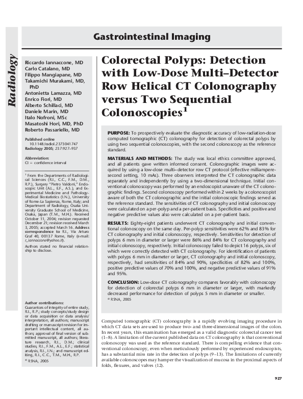 (PDF) Colorectal Polyps Detection with LowDose MultiDetector Row