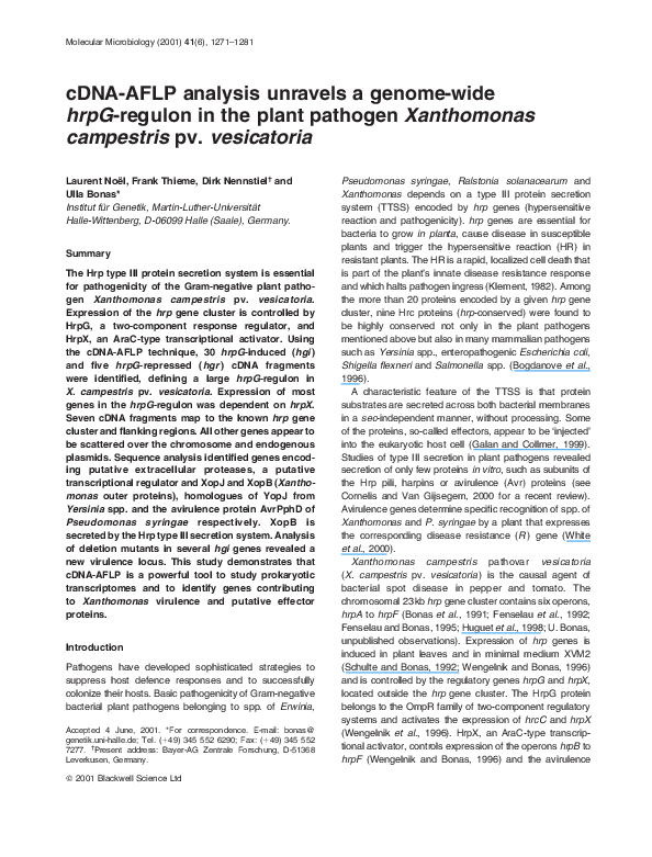 (PDF) cDNA-AFLP analysis unravels a genome-wide hrpG-regulon in the ...