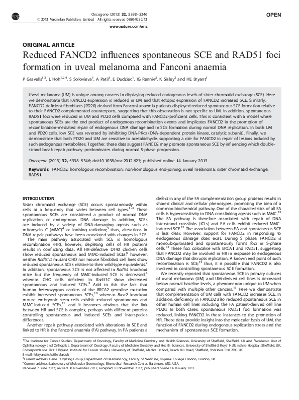 (PDF) Reduced FANCD2 influences spontaneous SCE and RAD51 foci ...