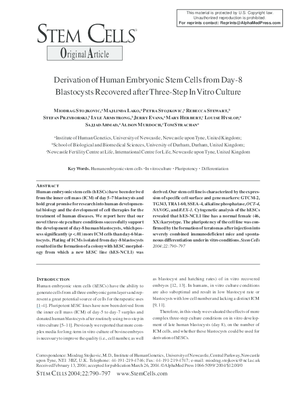 (PDF) Derivation of Human Embryonic Stem Cells from Developing and ...