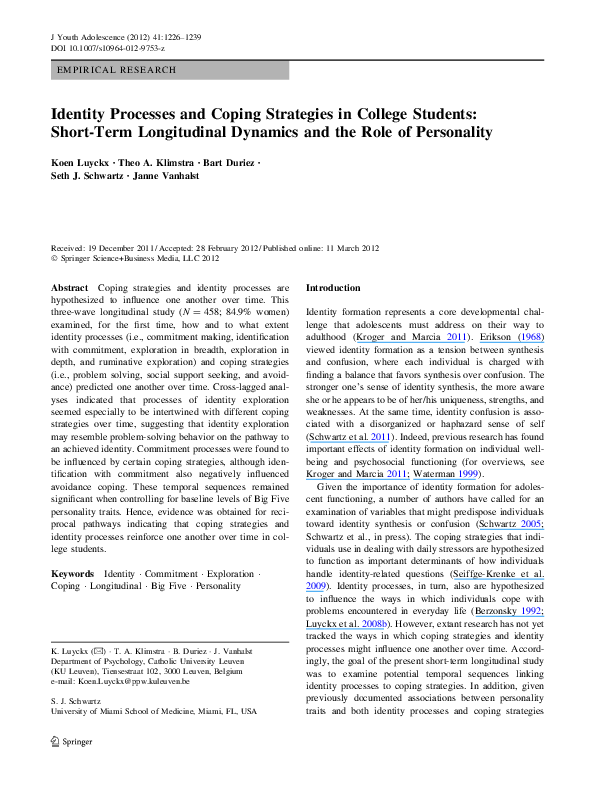 (PDF) Identity processes and coping strategies in college students ...