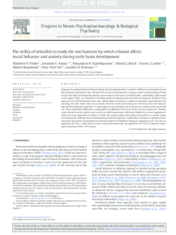 (PDF) The utility of zebrafish to study the mechanisms by which ethanol ...