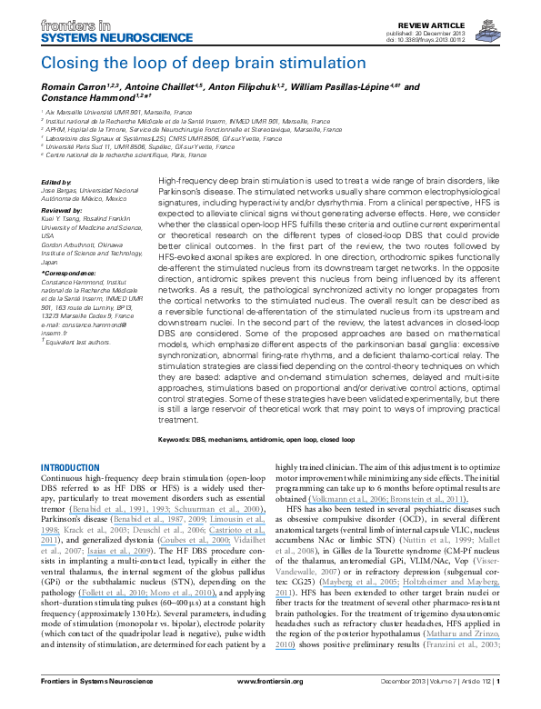 (PDF) Closing the loop of deep brain stimulation