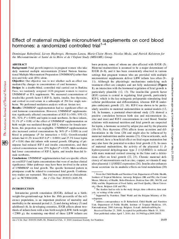 (PDF) Effect of maternal multiple micronutrient supplements on cord ...