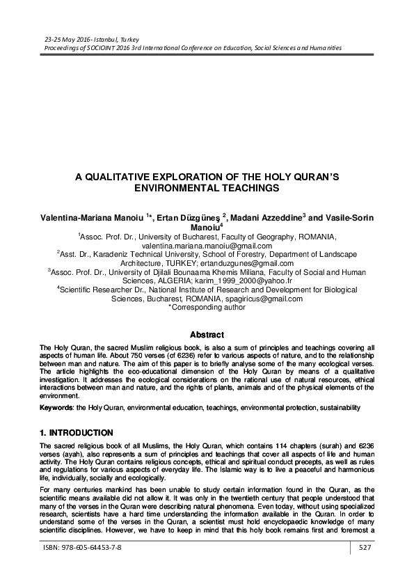 Pdf A Qualitative Exploration Of The Holy Quran S Environmental Teachings Manoiu Valentina Mariana Ertan Duzgunes And Madani Azzeddine Academia Edu