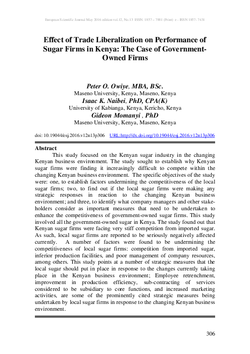 (PDF) Effect of Trade Liberalization on Performance of Sugar Firms in ...