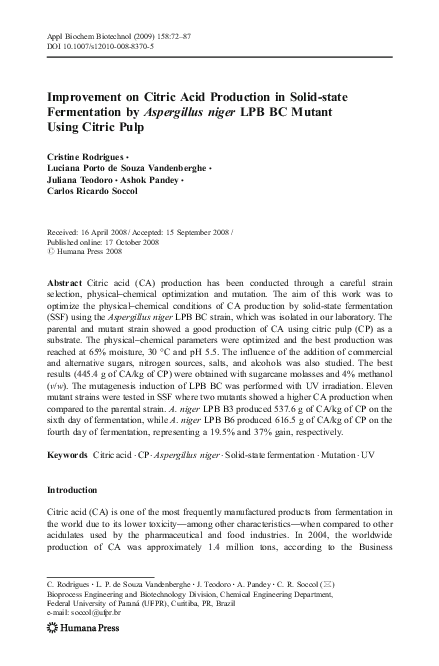 (PDF) Improvement on Citric Acid Production in Solid-state Fermentation ...
