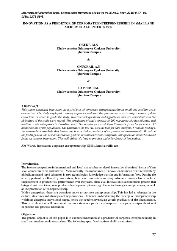 (PDF) INNOVATION AS A PREDICTOR OF CORPORATE ENTREPRENEURSHIP IN SMALL ...