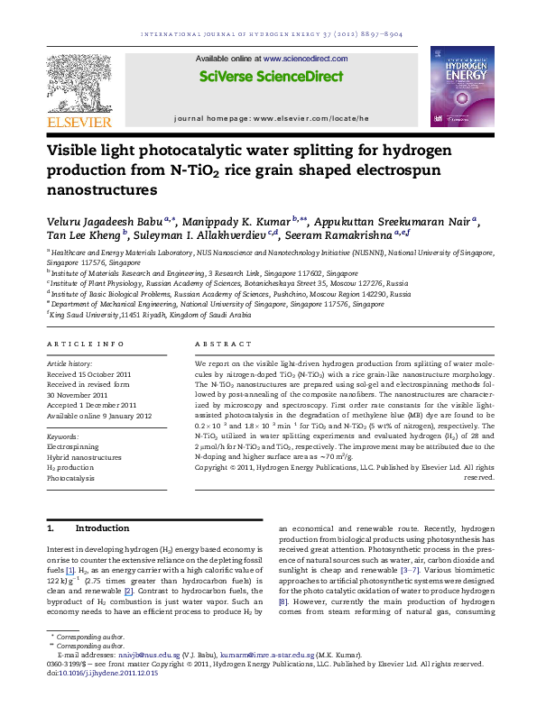 (PDF) Visible light photocatalytic water splitting for hydrogen ...