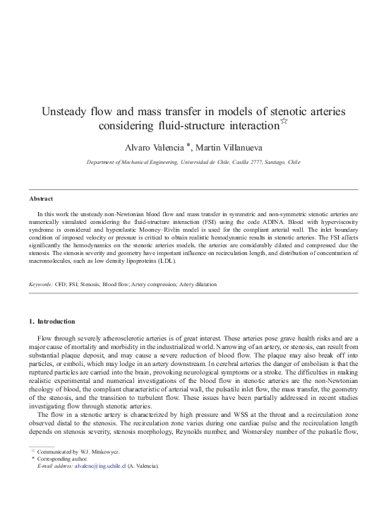 (PDF) Unsteady flow and mass transfer in models of stenotic arteries ...
