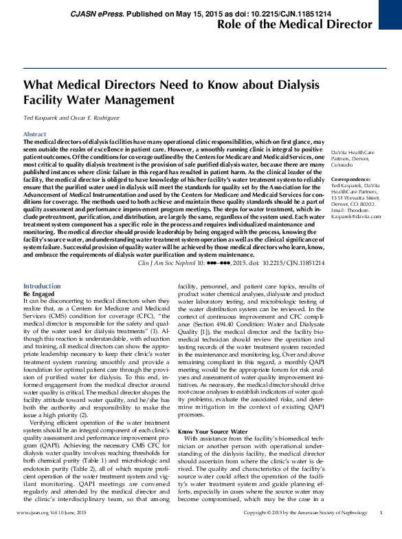 (PDF) What Medical Directors Need to Know about Dialysis Facility Water Management Oscar