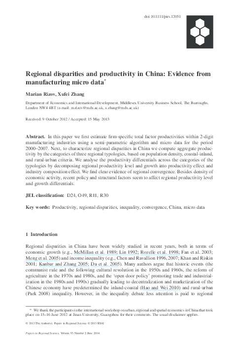 (PDF) Regional disparities and productivity in China: Evidence from ...