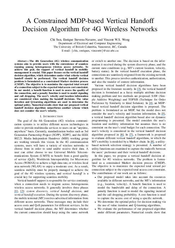 (PDF) A constrained MDP-based vertical handoff decision algorithm for ...
