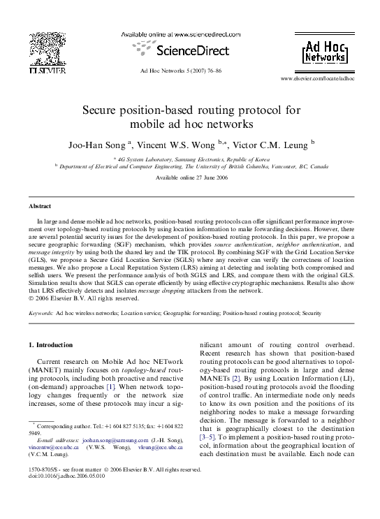 (PDF) Secure position-based routing protocol for mobile ad hoc networks