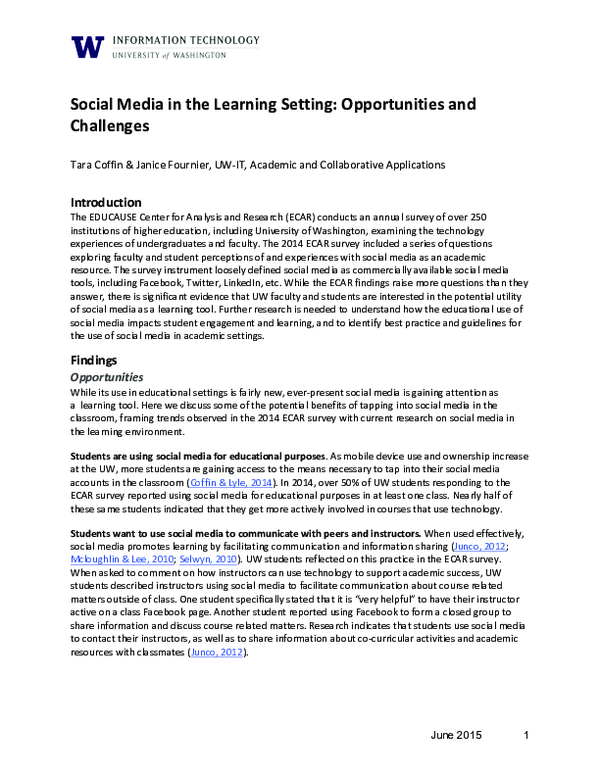(PDF) Social Media in the Learning Setting: Opportunities and Challenges