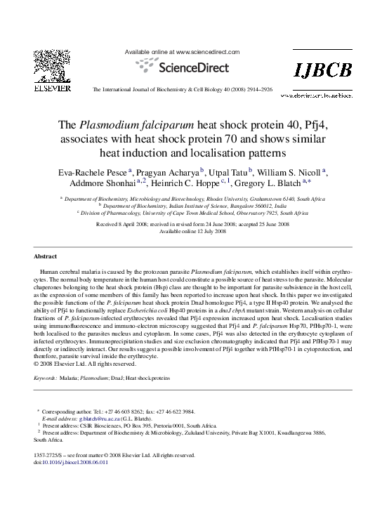 (PDF) The Plasmodium falciparum heat shock protein 40, Pfj4, associates ...