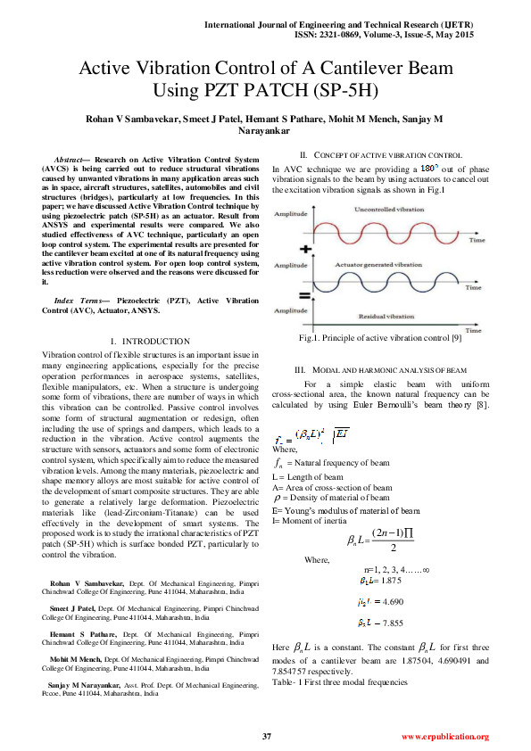 (PDF) Active Vibration Control of A Cantilever Beam Using PZT PATCH (SP