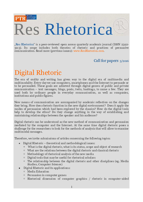 (PDF) Call for Papers Digital Rhetoric Ewa Modrzejewska, Res