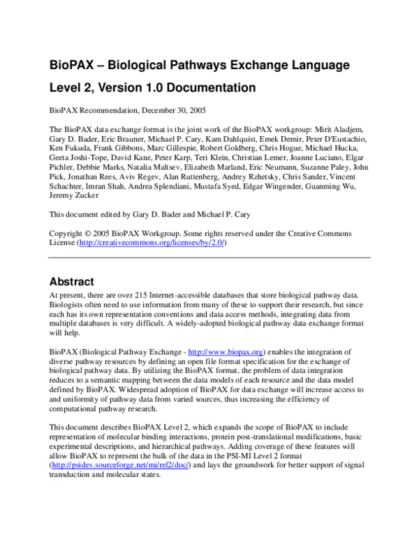 (PDF) BioPAX Biological Pathways Exchange language Joanne Luciano