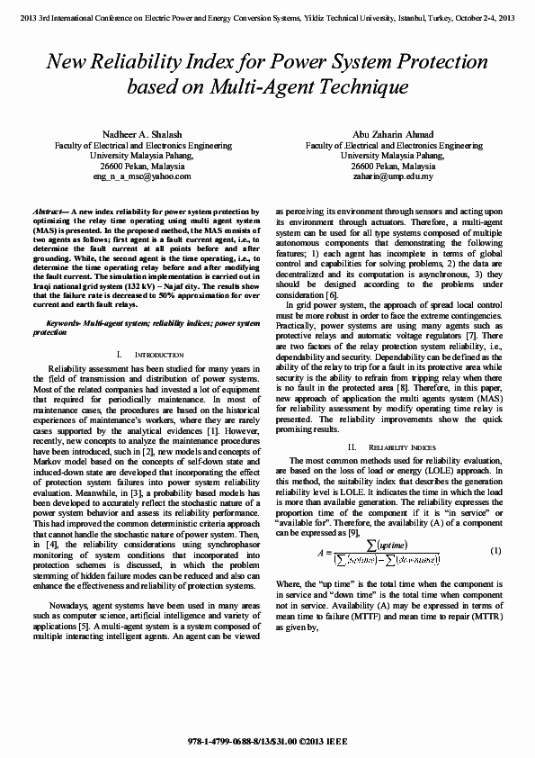 (PDF) New reliability index for power system protection based on multi