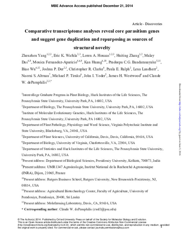 (PDF) Comparative transcriptome analyses reveal core parasitism genes ...