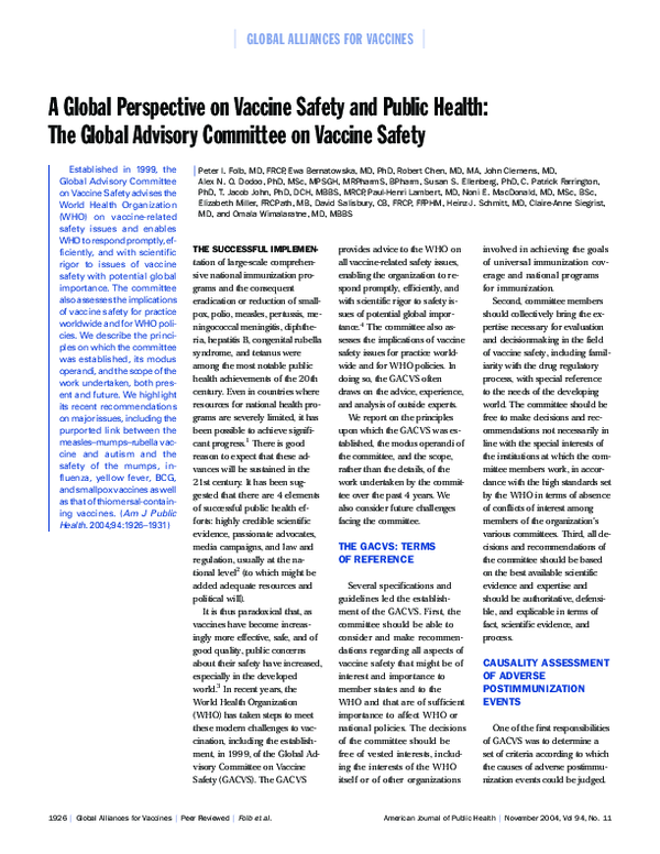(PDF) A Global Perspective on Vaccine Safety and Public Health: The ...