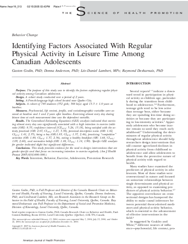 (PDF) Identifying Factors Associated With Regular Physical Activity in ...