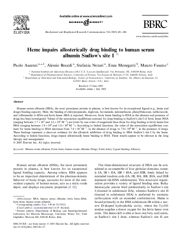 (PDF) Heme impairs allosterically drug binding to human serum albumin ...