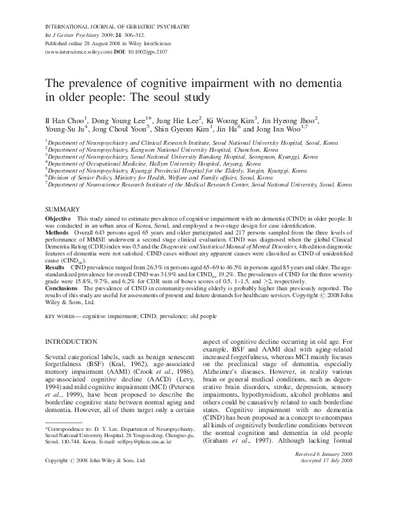 (PDF) The prevalence of cognitive impairment with no dementia in older ...