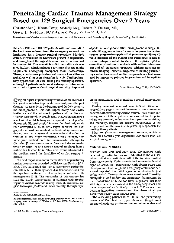 (PDF) Penetrating cardiac trauma: Management strategy based on 129 ...