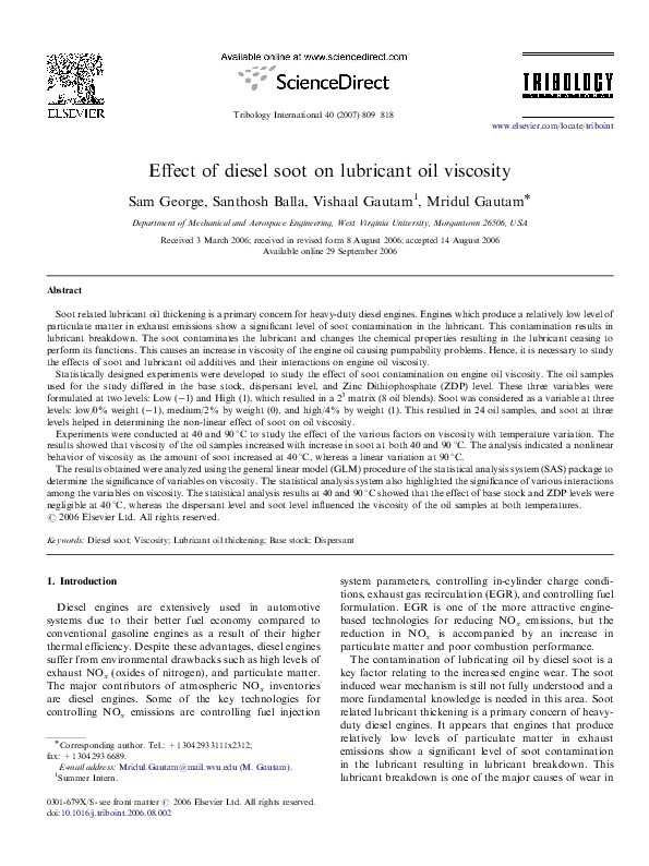 (PDF) Effect of diesel soot on lubricant oil viscosity