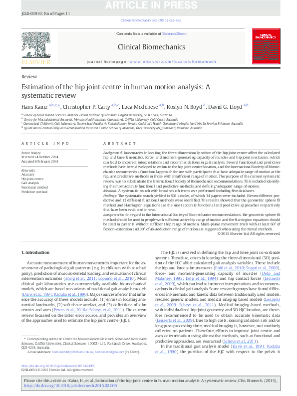 (PDF) Estimation of the hip joint centre in human motion analysis: A ...