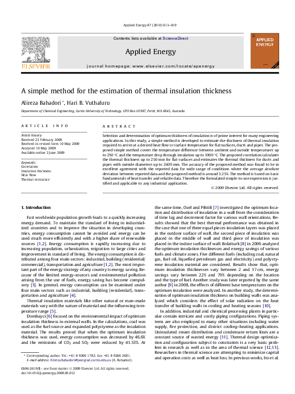 (PDF) A simple method for the estimation of thermal insulation thickness