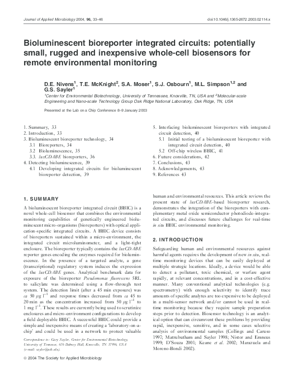 (PDF) Bioluminescent bioreporter integrated circuit (BBIC) sensors