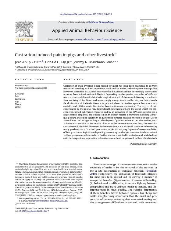 (PDF) Pain associated with castration in pigs and other farm animals JeanLoup Rault