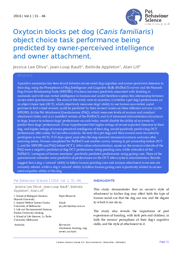 (PDF) Oxytocin blocks pet dog (Canis familiaris) object choice task performance being predicted