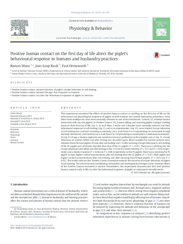 (PDF) Positive human contact on the first day of life alters the piglet's behavioural response
