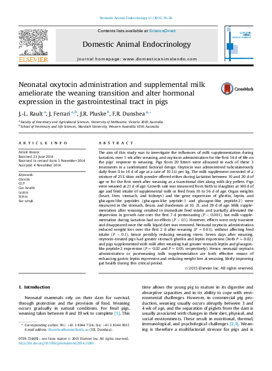 (PDF) Neonatal oxytocin administration and supplemental milk ameliorate the weaning transition