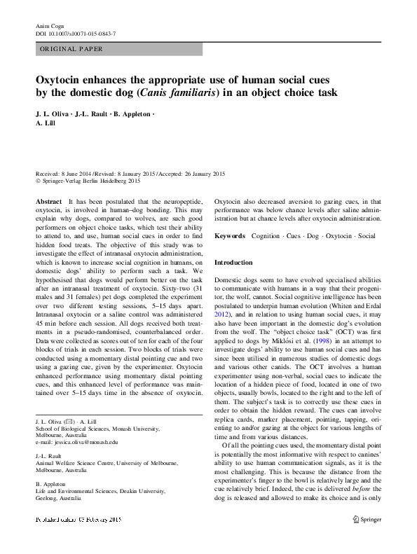 (PDF) Oxytocin enhances the appropriate use of human social cues by the domestic dog (Canis