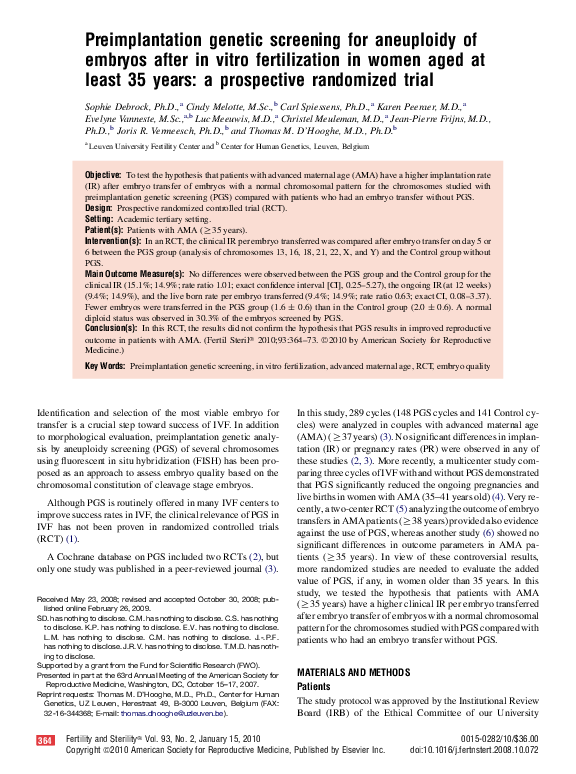 (PDF) Preimplantation genetic screening (PGS) for aneuploidy in embryos ...