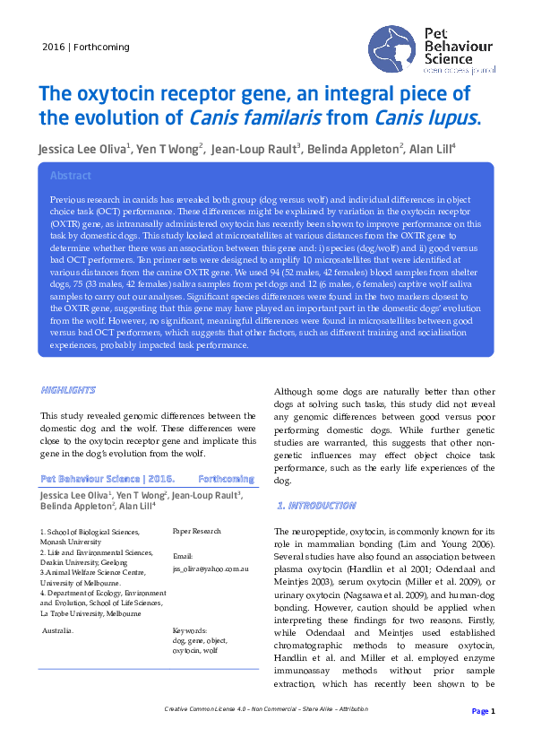 (PDF) The oxytocin receptor gene, an integral piece of the evolution of Canis familaris from