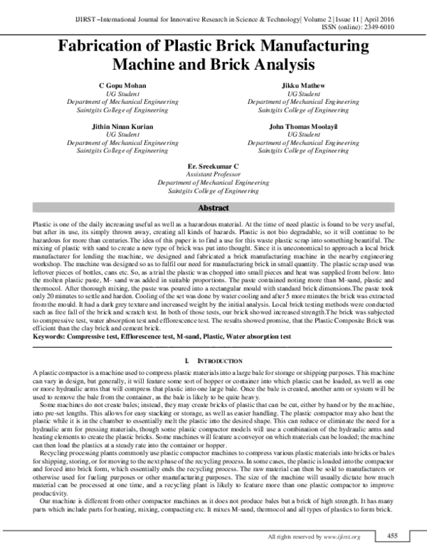 (PDF) Fabrication of Plastic Brick Manufacturing Machine and Brick Analysis IJIRST