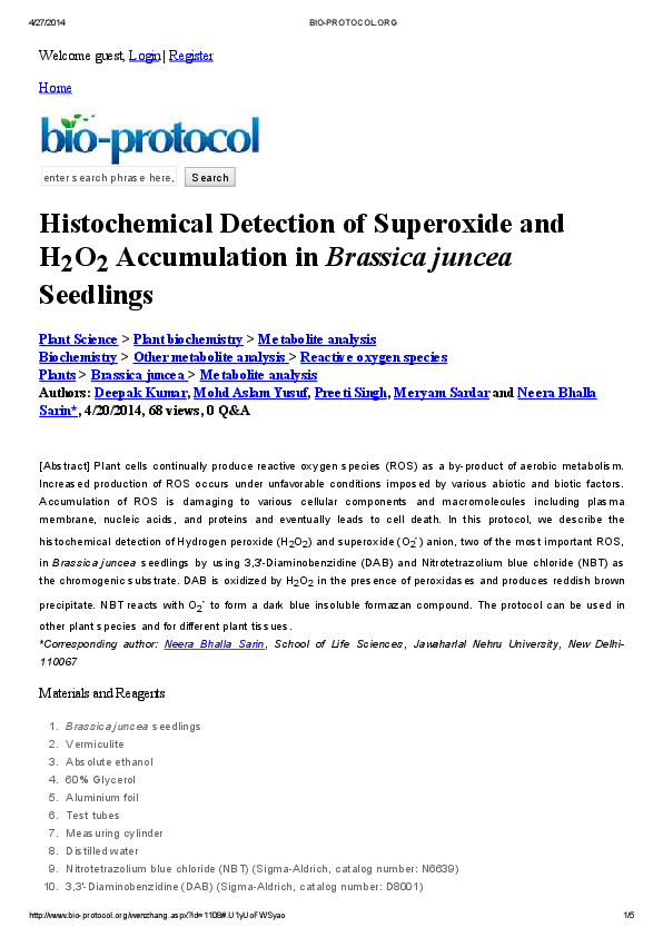 (PDF) Histochemical Detection of Superoxide and H 2 O 2 Accumulation in ...