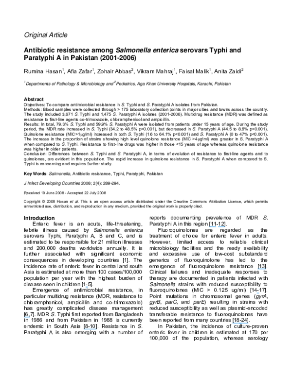 (PDF) Antibiotic Resistance Among Salmonella Enterica Serovars Typhi ...