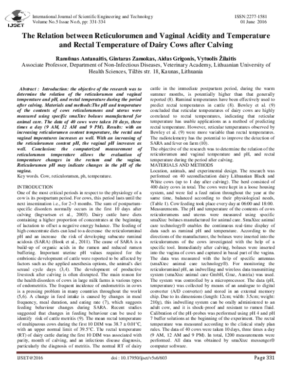 (PDF) The Relation between Reticulorumen and Vaginal Acidity and