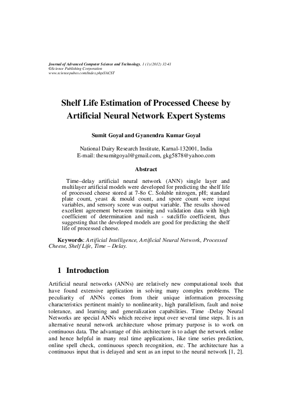 (PDF) Shelf Life Estimation of Processed Cheese by Artificial Neural