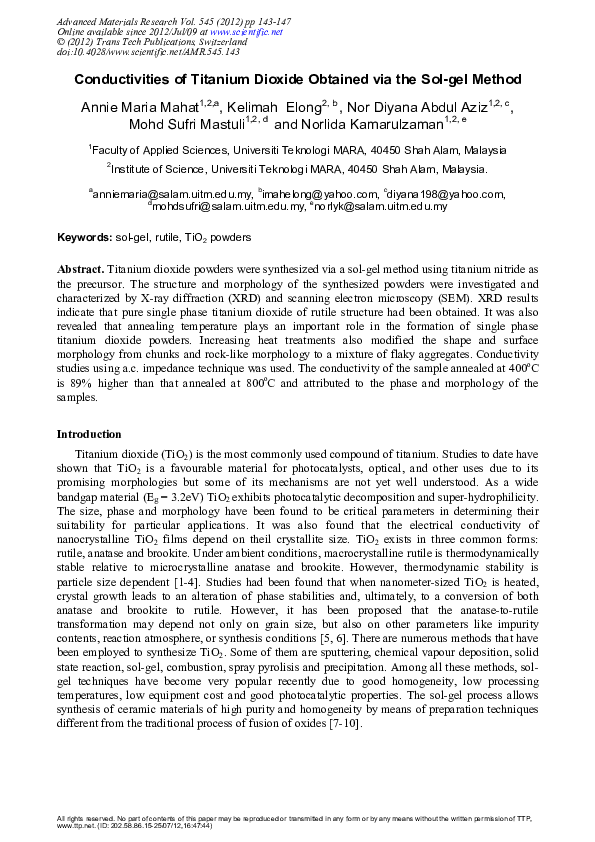 (PDF) Conductivities of Titanium Dioxide Obtained via the Sol-Gel Method