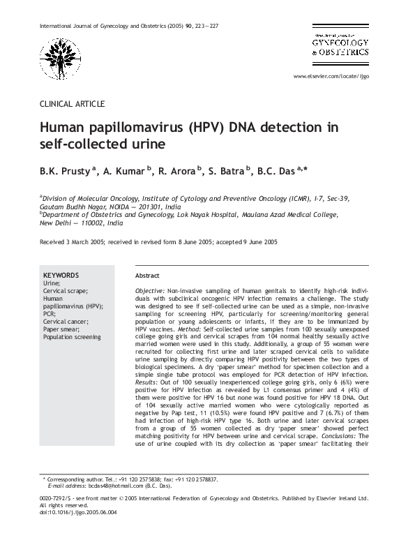 (PDF) Human papillomavirus (HPV) DNA detection in selfcollected urine